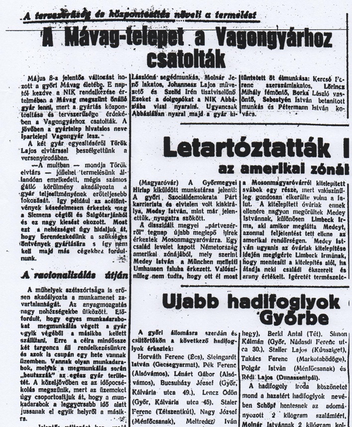 Részlet a Győrmegyei Hírlap, 1948. május 14-i számában megjelent cikkből